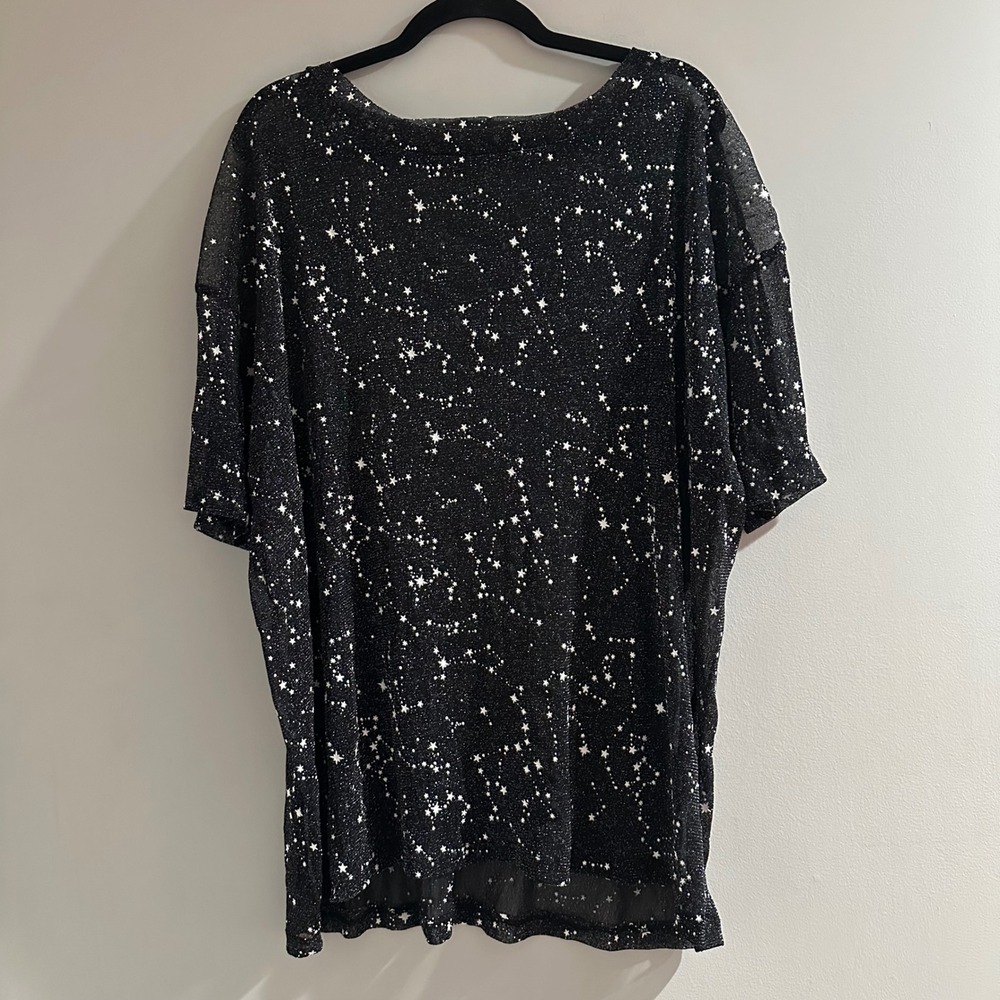 Star Mesh Top Womens Large Black White Excellent Celestial Metallic Tee